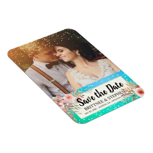 Weddenschap Save The Date Photo Floral Blauwgroen Magneet (Rechterzijde)