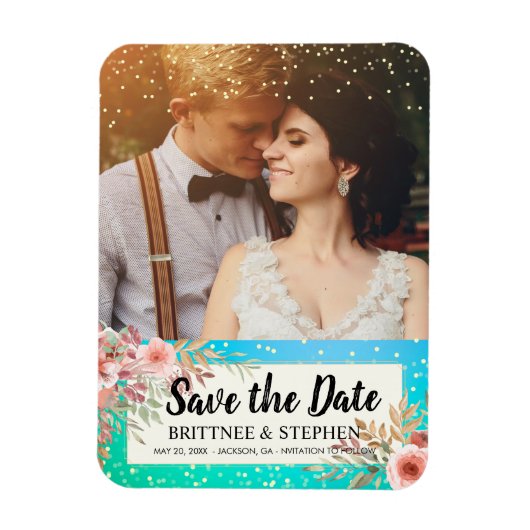 Weddenschap Save The Date Photo Floral Blauwgroen Magneet (Verticaal)