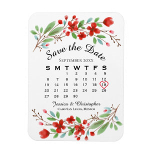 Weddenschap Save the Date Red Blossom Calendar Magneet