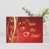 Weddenschap Save the Date Romantic Red Gold Hearts (Staand voorkant)
