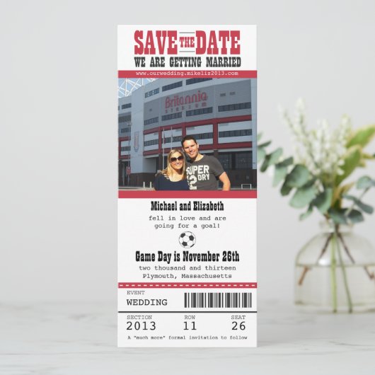 Weddenschap Save the Date Soccer Ticket (Staand voorkant)