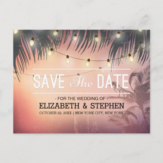 Weddenschap Save the Date Summer Beach Palm Light Aankondigingskaart (Voorkant)