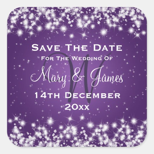 Weddenschap Save the Date Winter Sparkle Paars Vierkante Sticker (Voorkant)