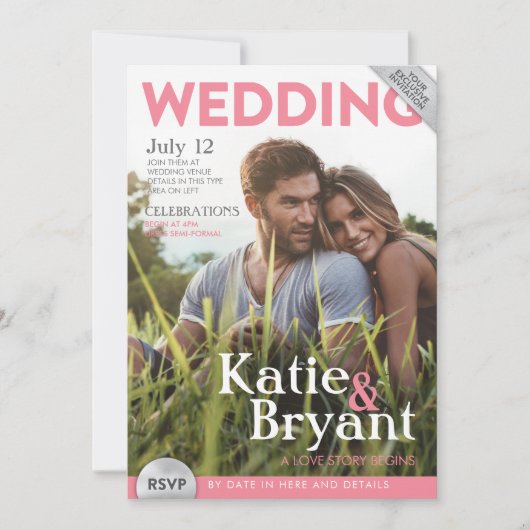 Weddenschap tijdschrift cover nodigage kaart (Voorkant)