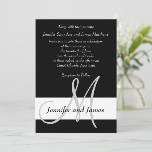 Weddenschap Uitnodiging Monogram zwart en wit (Staand voorkant)