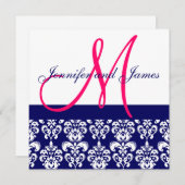 Weddenschap Uitnodiging Roze Monogram Navy Damask (Voorkant / Achterkant)