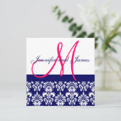 Weddenschap Uitnodiging Roze Monogram Navy Damask (Staand voorkant)