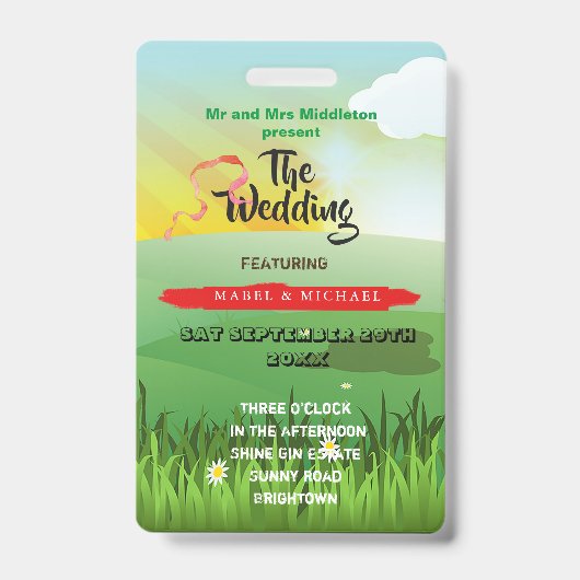 Weddenschap Uitnodiging Rustic Festival Fields Fun Badge (Voorzijde)