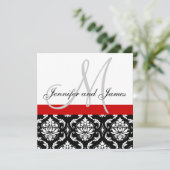 Weddenschap Uitnodigingsmonogram Names Red Damask Kaart (Staand voorkant)