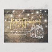 Weddenschap Uitstel Mason Jars String Lights Wood Aankondigingskaart (Voorkant)