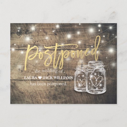 Weddenschap Uitstel Mason Jars String Lights Wood Aankondigingskaart (Voorkant)