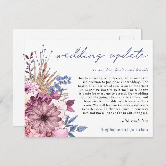 Weddenschap Uitstel Update Moderne Script Florals Aankondigingskaart (Voorkant / Achterkant)
