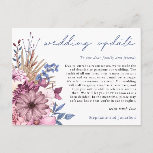 Weddenschap Uitstel Update Moderne Script Florals Aankondigingskaart (Voorkant)