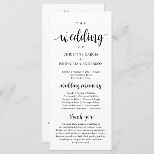 Weddenschap van, Modern Wedding Ceremonony Program Programma (Voorkant / Achterkant)