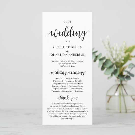 Weddenschap van, Modern Wedding Ceremonony Program Programma (Staand voorkant)