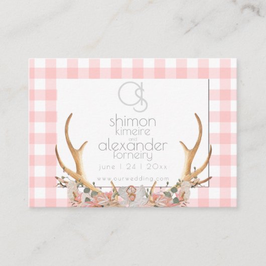 Weddenschap Website | Monogram Coral Gingham Flora Visitekaartje (Voorkant)