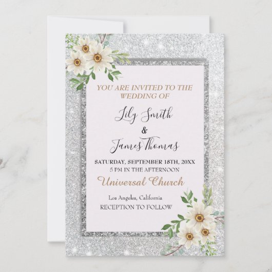 Weddenschap-White Silver Floral Uitnodiging (Voorkant)