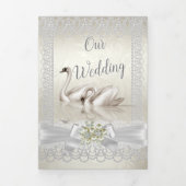 Weddenschap White Swans Cream Pearl Lace Damask 3 Drieluik Uitnodiging (Cover)