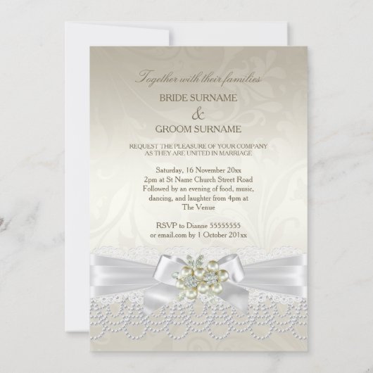 Weddenschap White Swans Cream Pearl Lace Damask Kaart (Achterkant)
