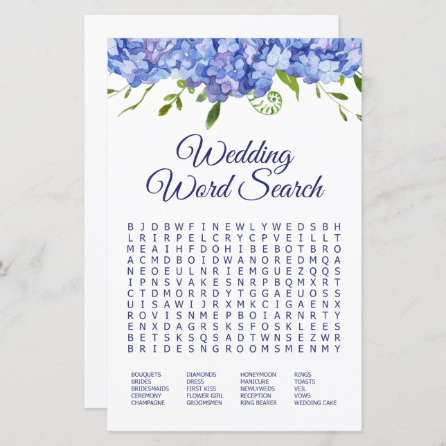 Weddenschap Word Search Blue Hydrangeas (Voorkant / Achterkant)