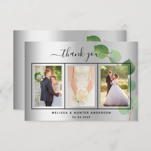 Weddenschap zilveren eucalyptusfotoscript elegant bedankkaart (Voorkant / Achterkant)