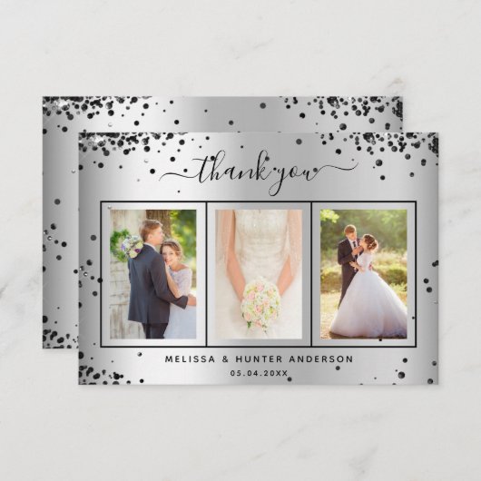 Weddenschap zilveren zwarte glitter-fotoscript bedankkaart (Voorkant / Achterkant)