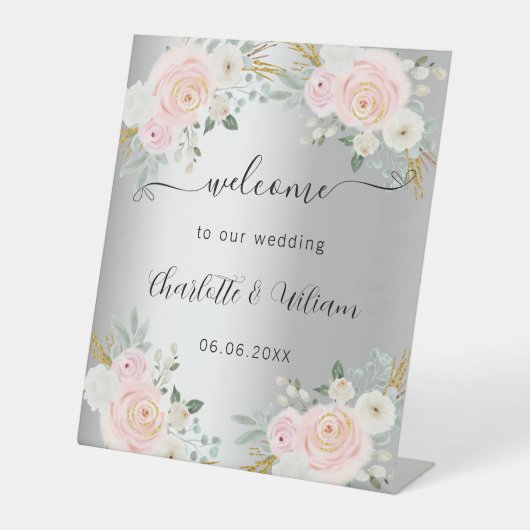 Weddenschap zilverroze bloemen, welkom reclamebord met voetstuk (Voorkant)