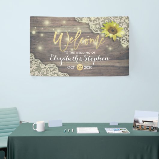 Weddenschap Zonnebloem Rustic Wood & String Lights Spandoek (Beurs)