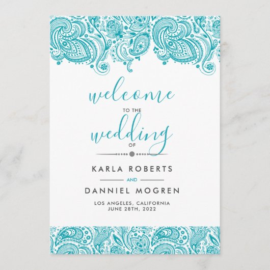 Weddenschappen met turquoise-blue paisley lace programma (Voorkant)