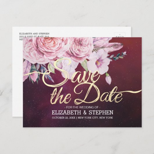 Weddenschappen redden de datum waarop Floral Feath Aankondigingskaart (Voorkant / Achterkant)