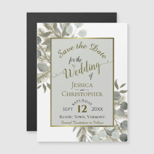 Weddenschappen Save the Date Gold Pine & Greenery  Magnetische Uitnodiging