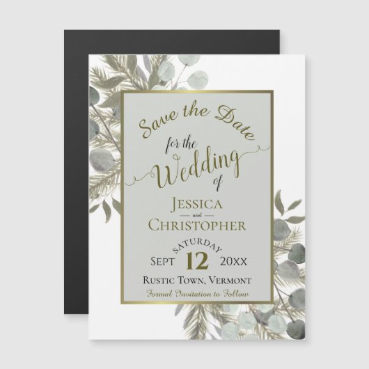 Weddenschappen Save the Date Gold Pine & Greenery  Magnetische Uitnodiging (Voorkant / Achterkant)