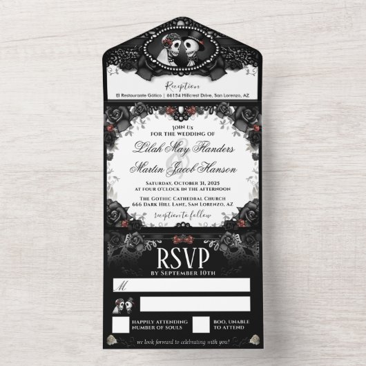 Weddenschappen Zwart en Rood Rose Elegant All In One Uitnodiging (Binnen)