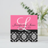 Weddenschapsmonogram Namen Datum Roze Damask Kaart (Staand voorkant)
