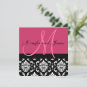 Weddenschapsmonogram Names Hot Pink Damask Kaart (Staand voorkant)