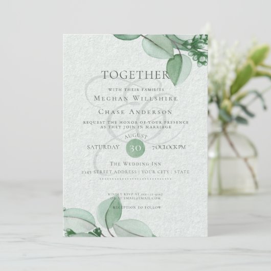 Weddensuitnodiging | Elegant Waterverf Eucalyptus Kaart (Staand voorkant)