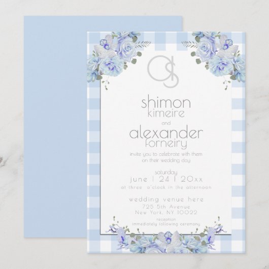 Weddensuitnodiging | Monogram Blue Gingham Floral Kaart (Voorkant / Achterkant)