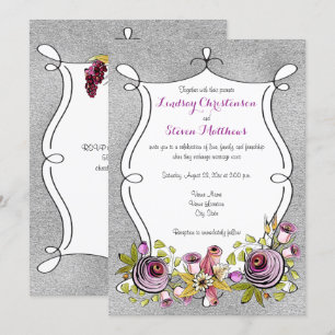 Weddensuitnodiging   Plum, FAUX Silver Foil Floral Kaart