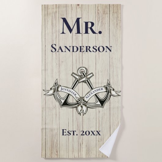 Wedding Anchor de heer Navy Blue Nautical Monogram Strandlaken (Voorkant)