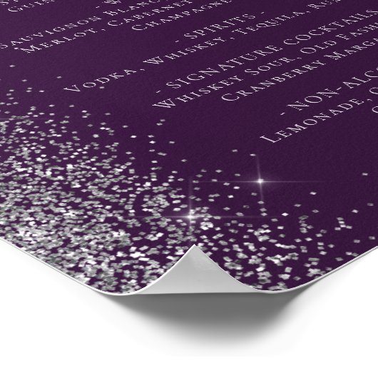 Wedding Bar Menu Donker Paarse Zilveren Glitter Poster (Hoek)