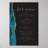 Wedding Bar Menu Teal Blue Gold Agate Dark Poster (Voorkant)