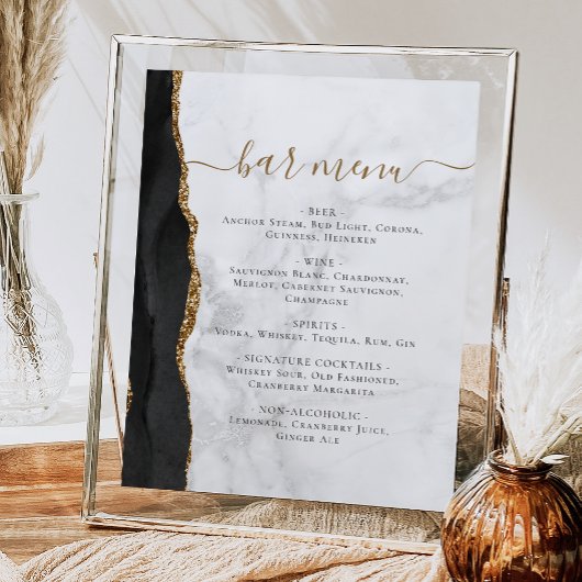 Wedding Bar Menu Zwart Gouden Agaat Marmer Poster