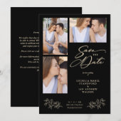 Wedding Black 3 Photos Collage Fancy Branches Save The Date (Voorkant / Achterkant)