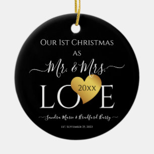 Wedding Black Gold Heart kerstnaam Mr Mrs. Keramisch Ornament