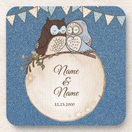 Wedding Blue Brown Owl Glitter Beautiful Beverage  Bier Onderzetter