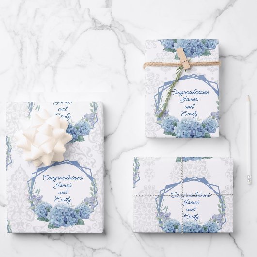 Wedding Blue Hydrangeas Personalize Names Damask 3 Inpakpapier Vel