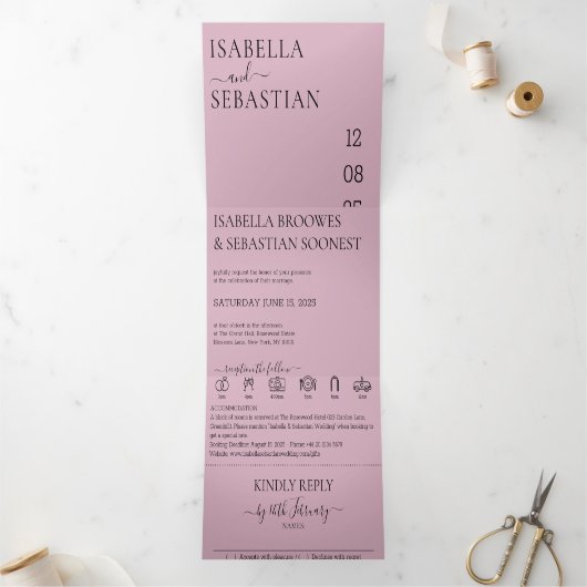 Wedding Blush Pink All in one set Drieluik Uitnodiging (Binnen)