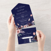 Wedding Blush Roze en Bourgondië Bloemen Navy Blue All In One Uitnodiging (Afscheurbaar)