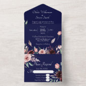 Wedding Blush Roze en Bourgondië Bloemen Navy Blue All In One Uitnodiging (Binnen)