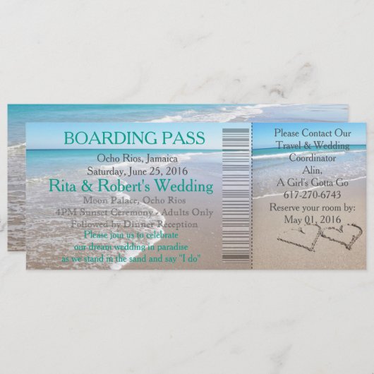Wedding Boarding Pass Ticket-Destination Hearts Kaart (Voorkant / Achterkant)